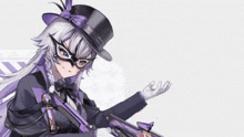 a girl wearing a top hat and a mask holds a gun