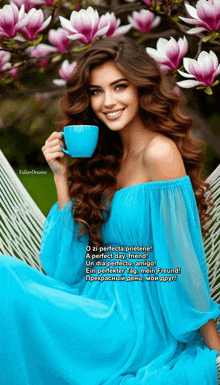 a woman in a blue dress is holding a blue cup