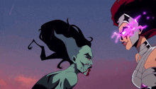 a cartoon drawing of two women fighting each other with purple lightning coming out of their eyes
