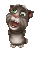 a cartoon cat with green eyes is standing up with its mouth open