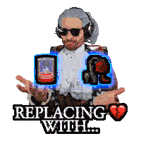 a man wearing headphones is holding a broken heart in front of a sign that says " replacing with ... "