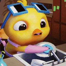 a cartoon chicken is washing dishes in a kitchen sink