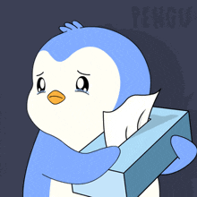 a cartoon penguin is holding a box of tissues and crying