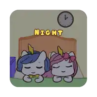 a cartoon of two unicorns sleeping under a clock that reads night