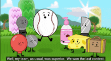 a group of cartoon characters are standing in a field and one of them is a baseball