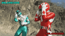a green power ranger and a red power ranger are standing next to each other with the words #blamecode above them