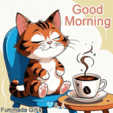a cat is sitting in a chair next to a cup of coffee and says good morning