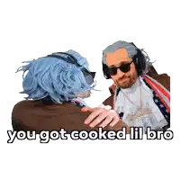 a man in a blue wig is hugging another man in a brown jacket and says you got cooked lil bro