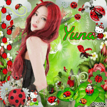 a girl with red hair is surrounded by ladybugs and flowers with the name yuna