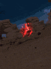 a cartoon character is flying through the air with a red background .