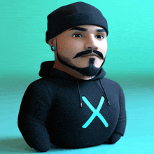 a man with a beard wearing a black hoodie with a blue x on it