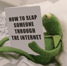 a kermit the frog holding a card that says how to slap someone through the internet