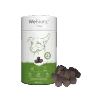 a container of webiotic tasty next to a pile of chocolate pieces
