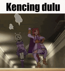 a cartoon of two girls dancing with the words kencing dulu written above them
