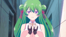 a girl with green hair and purple eyes is wearing gloves and a white top .