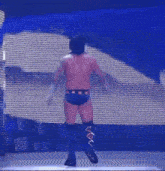 a wrestler is standing on a stage with his arms outstretched .