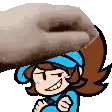 a cartoon girl wearing a blue hat and a blue shirt is smiling while a hand is holding her head .