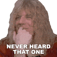 a man with long blonde hair covering his mouth with his hand and the words never heard that one above him