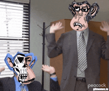 a man in a suit and tie with a monkey face on his face