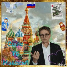 a picture of a man giving the middle finger in front of a postage stamp that says moscow