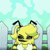 a cartoon bee with a flower on her head is standing next to a white picket fence .