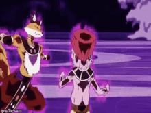a fox is standing next to a person in a purple outfit in a cartoon .