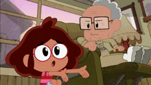 a cartoon of an old man and a young girl talking