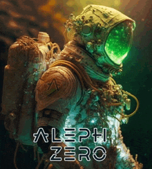 a poster for alephi zero shows an astronaut with a green helmet on