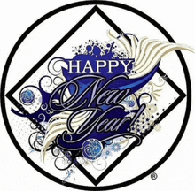 a blue and white logo that says happy new year on it
