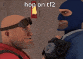 a bald man and a blue masked man are standing next to each other and talking .