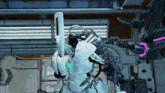 a futuristic robot is standing in a room with a purple light .