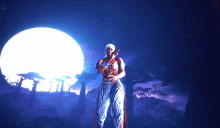 a man standing in front of a full moon