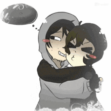 a couple of cartoon characters hugging each other with a thought bubble above their head