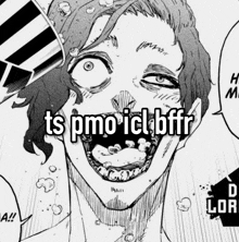 a black and white drawing of a man with his mouth open and the words ts pmo icl bfr