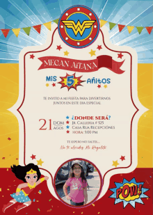 a birthday invitation with a picture of a little girl and the words pow