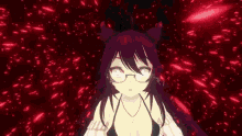 a 3d anime girl with purple hair and glasses