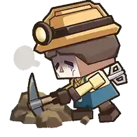 a cartoon character wearing a hard hat and goggles is digging with a pickaxe .
