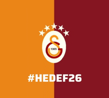a red and orange background with a logo and the words # hedef26