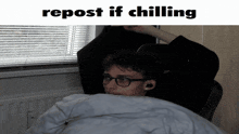 a picture of a person with the words repost if chilling