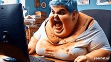 a cartoon of a fat woman sitting in front of a computer with the words yeschat.ai written below her