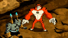a cartoon drawing of a robot and a tiger with an x on their chest