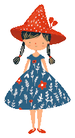 a girl wearing a blue dress and a red hat with flowers on it