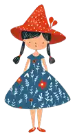 a girl wearing a blue dress and a red hat with flowers on it