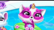 a purple and white raccoon with a unicorn horn on its head is sitting on a green raft in a pool .