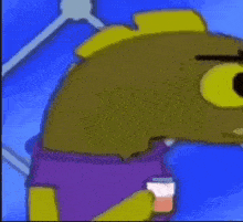 a cartoon character is holding a cup of orange juice and looking at the camera .