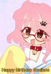 a drawing of a girl with glasses and the words happy birthday sonikou