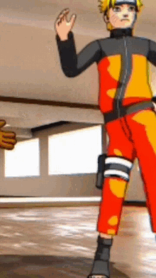 a cartoon character is standing in a room with a hand reaching out towards him