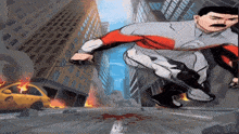 a cartoon of a man in a superhero costume jumping over a city street