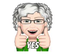 a cartoon of an elderly woman giving a thumbs up with the word yes written below her