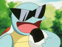 squirtle from pokemon is wearing sunglasses and holding a piece of rice .